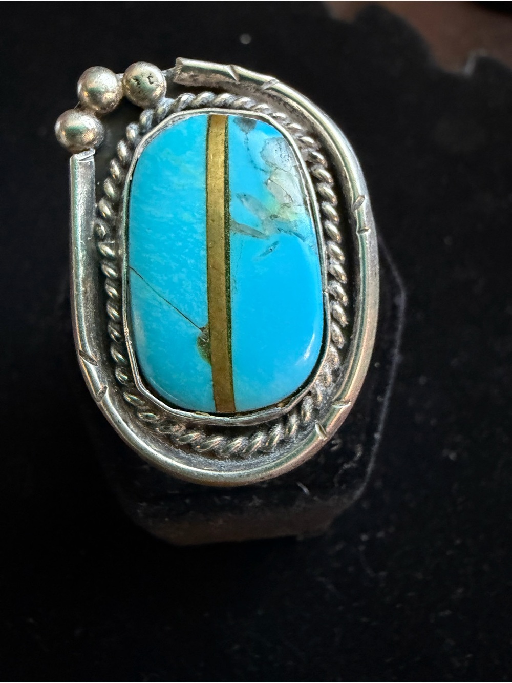 Vintage Sterling Silver Turquoise Gold Inlay Statement Ring Sz 5.5 Southwestern